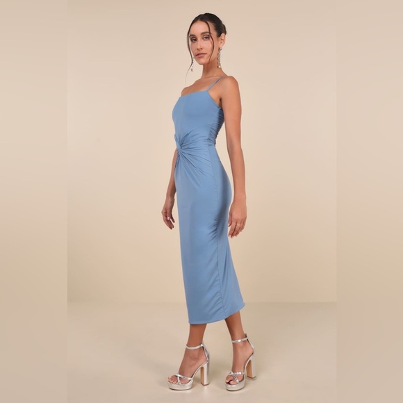 LULU’S Mesmerizing Reputation Slate Blue Twist Front Bodycon Midi Dress - Picture 2 of 6